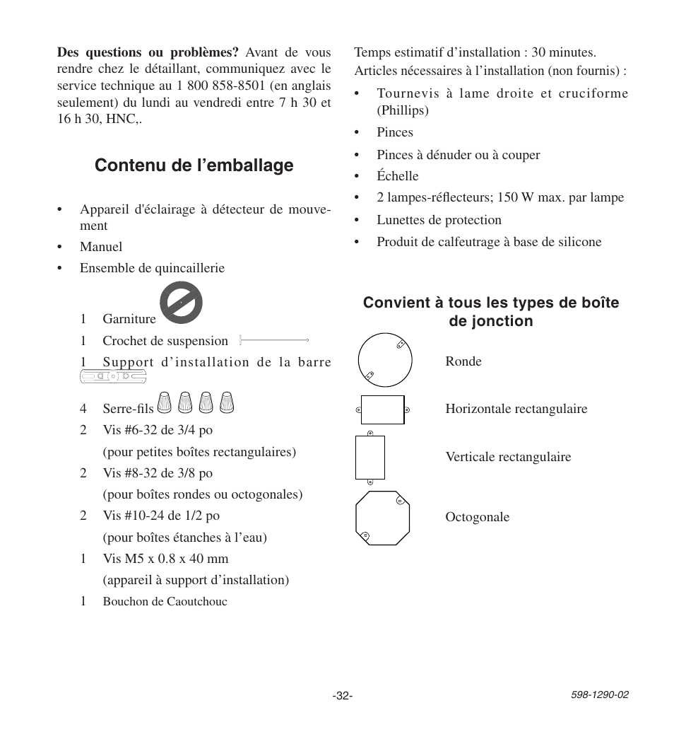 Contenu de l’emballage | Heath Zenith Motion Sensing Security Light UT-9250-BZ User Manual | Page 32 / 42