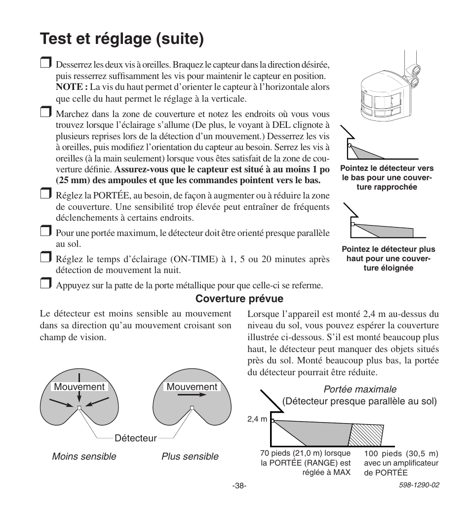 Test et réglage (suite) | Heath Zenith Motion Sensing Security Light UT-9250-BZ User Manual | Page 38 / 42