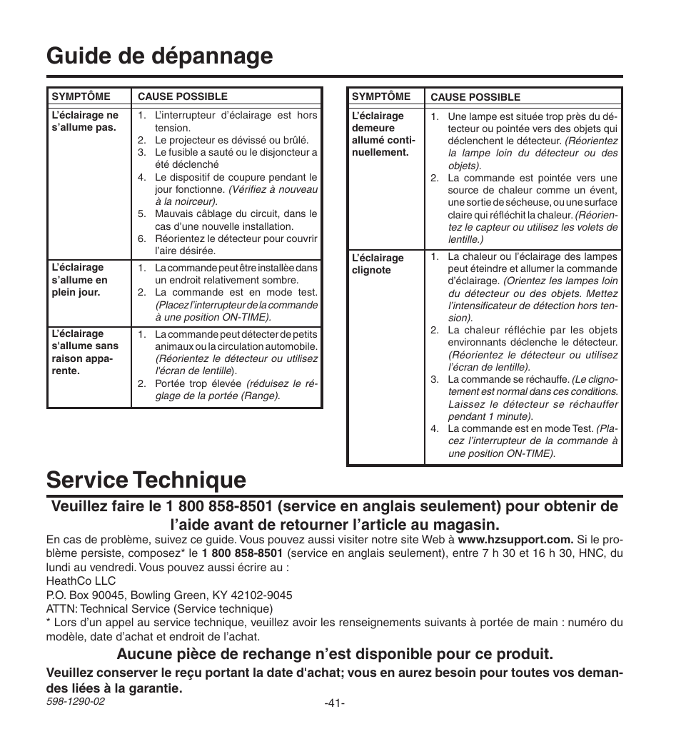 Guide de dépannage service technique | Heath Zenith Motion Sensing Security Light UT-9250-BZ User Manual | Page 41 / 42