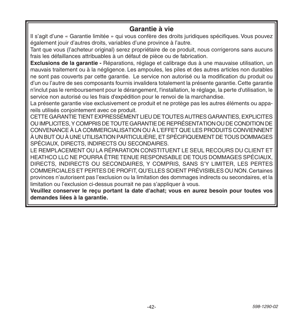Garantie à vie | Heath Zenith Motion Sensing Security Light UT-9250-BZ User Manual | Page 42 / 42
