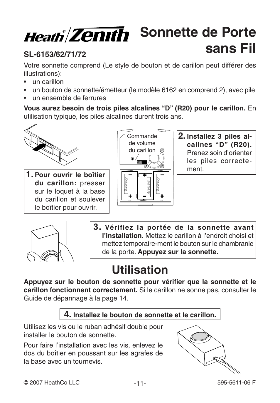 Sonnette de porte sans fil, Utilisation | Heath Zenith SL-6171 User Manual | Page 11 / 16