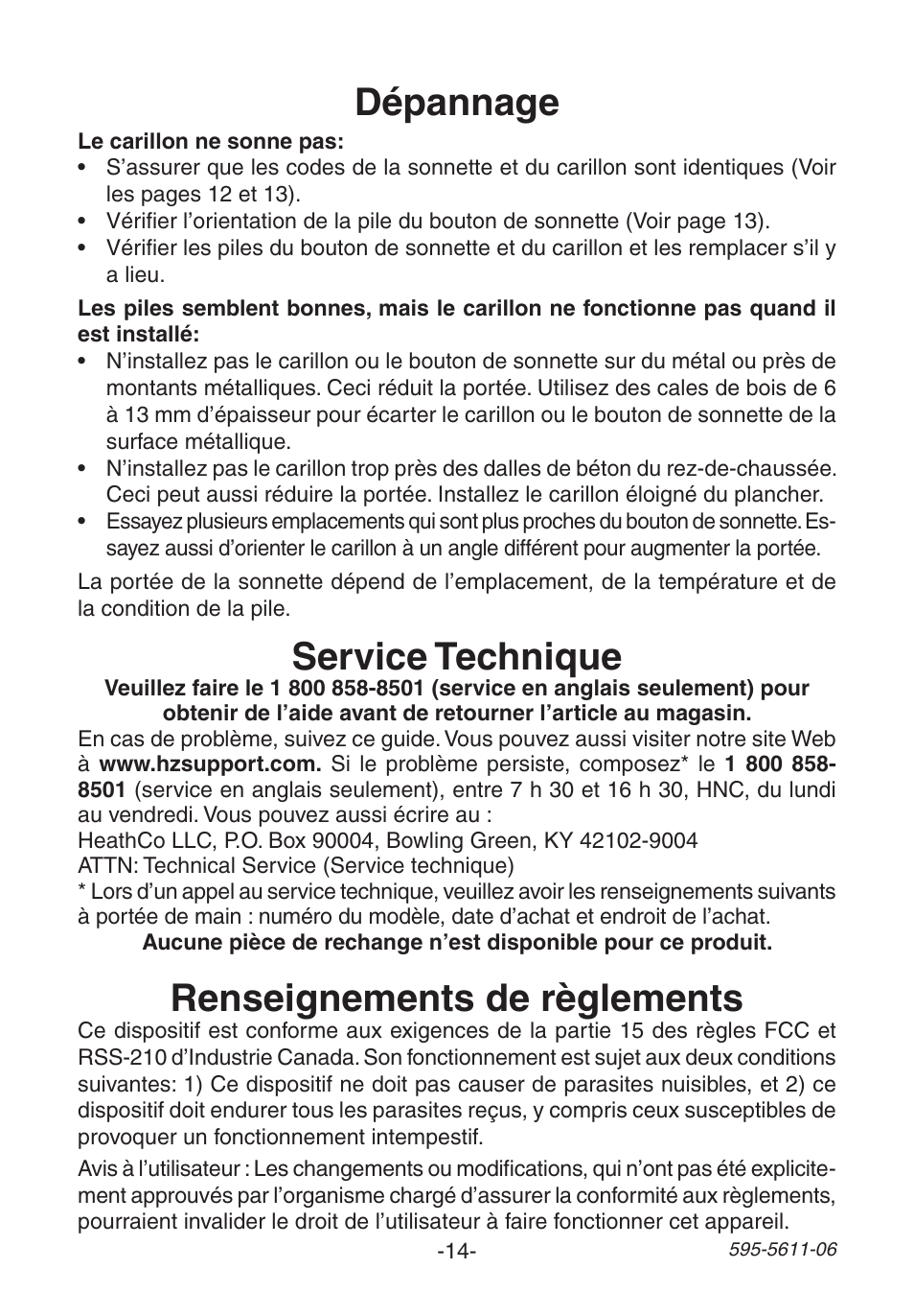 Dépannage, Service technique, Renseignements de règlements | Heath Zenith SL-6171 User Manual | Page 14 / 16