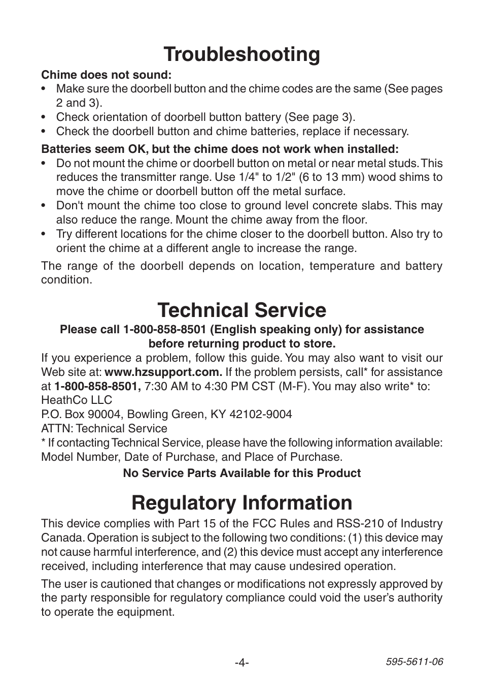 Troubleshooting, Regulatory information, Technical service | Heath Zenith SL-6171 User Manual | Page 4 / 16