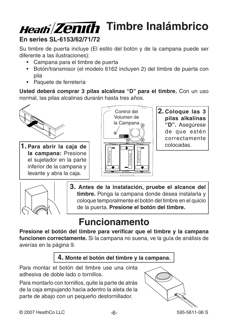 Timbre inalámbrico, Funcionamento | Heath Zenith SL-6171 User Manual | Page 6 / 16