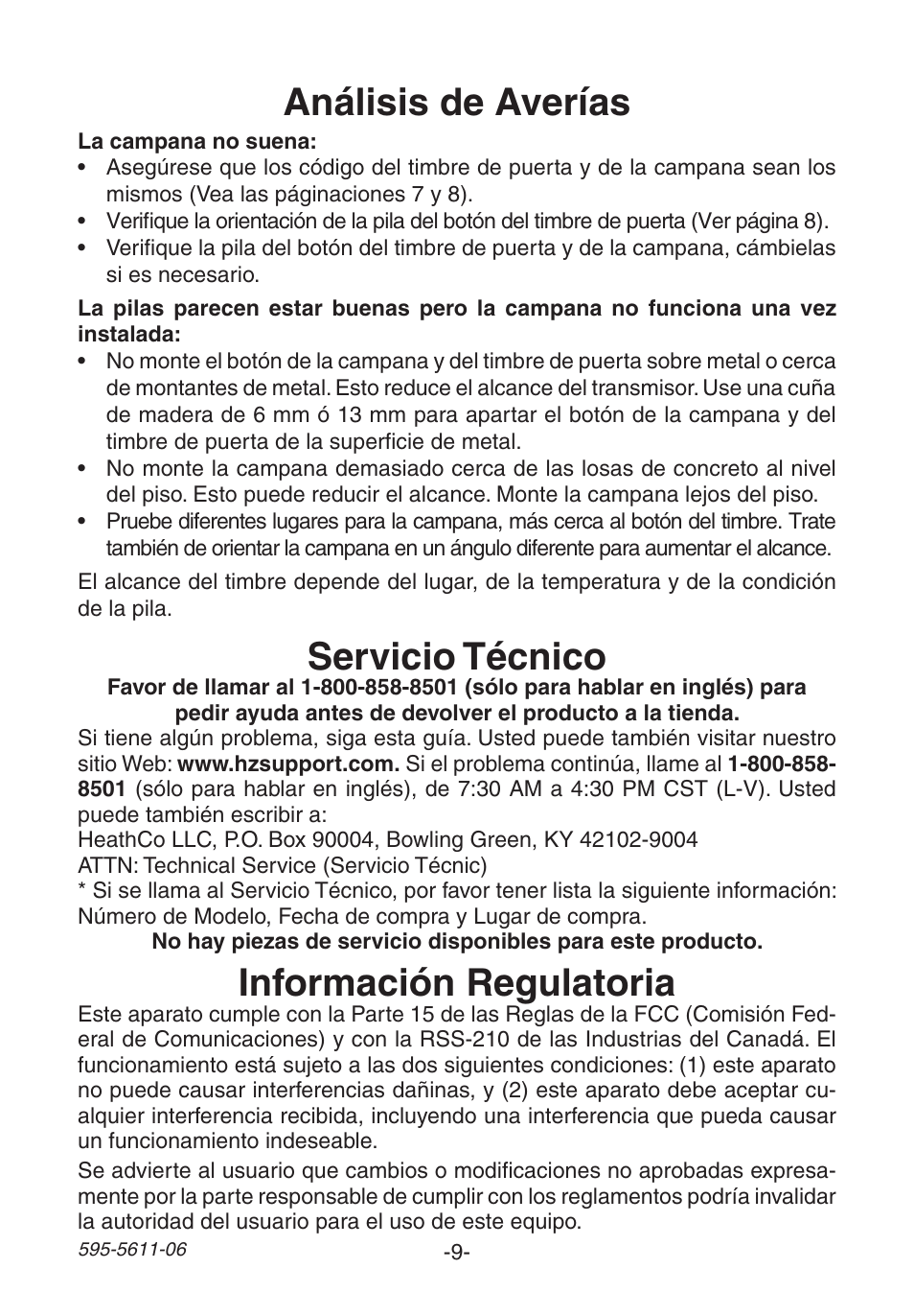 Análisis de averías, Servicio técnico, Información regulatoria | Heath Zenith SL-6171 User Manual | Page 9 / 16