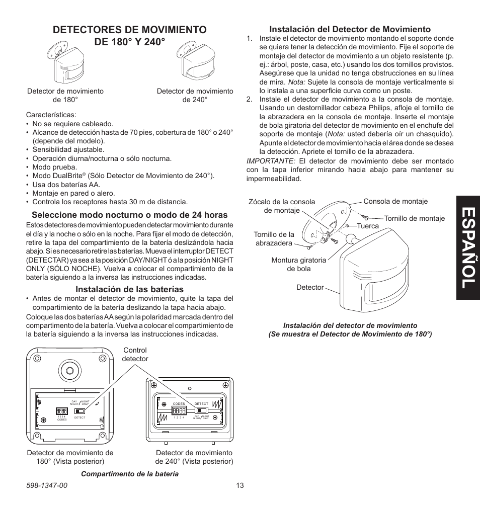 Esp año l, Seleccione modo nocturno o modo de 24 horas, Instalación de las baterías | Instalación del detector de movimiento | Heath Zenith Secure Home 598-1347-00 User Manual | Page 13 / 32