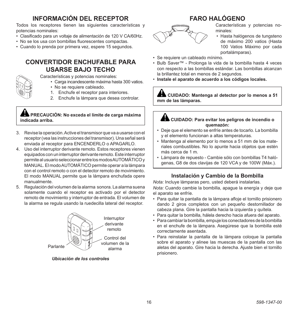 Información del receptor, Convertidor enchufable para usarse bajo techo, Faro halógeno | Heath Zenith Secure Home 598-1347-00 User Manual | Page 16 / 32