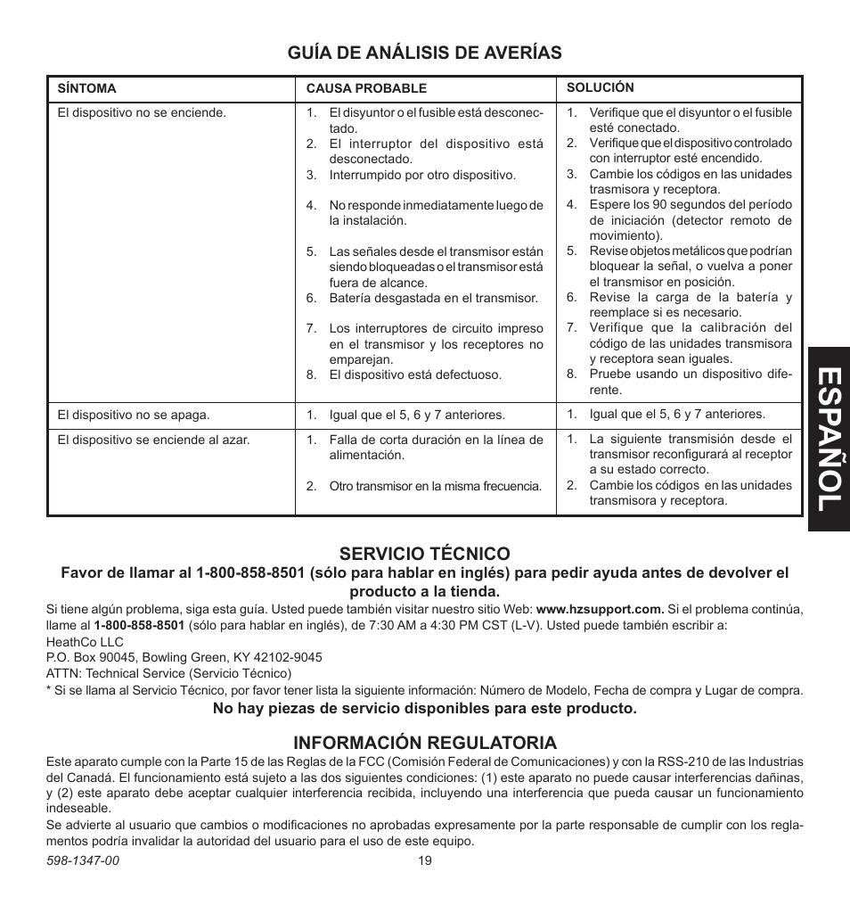 Esp año l, Información regulatoria, Guía de análisis de averías | Servicio técnico | Heath Zenith Secure Home 598-1347-00 User Manual | Page 19 / 32