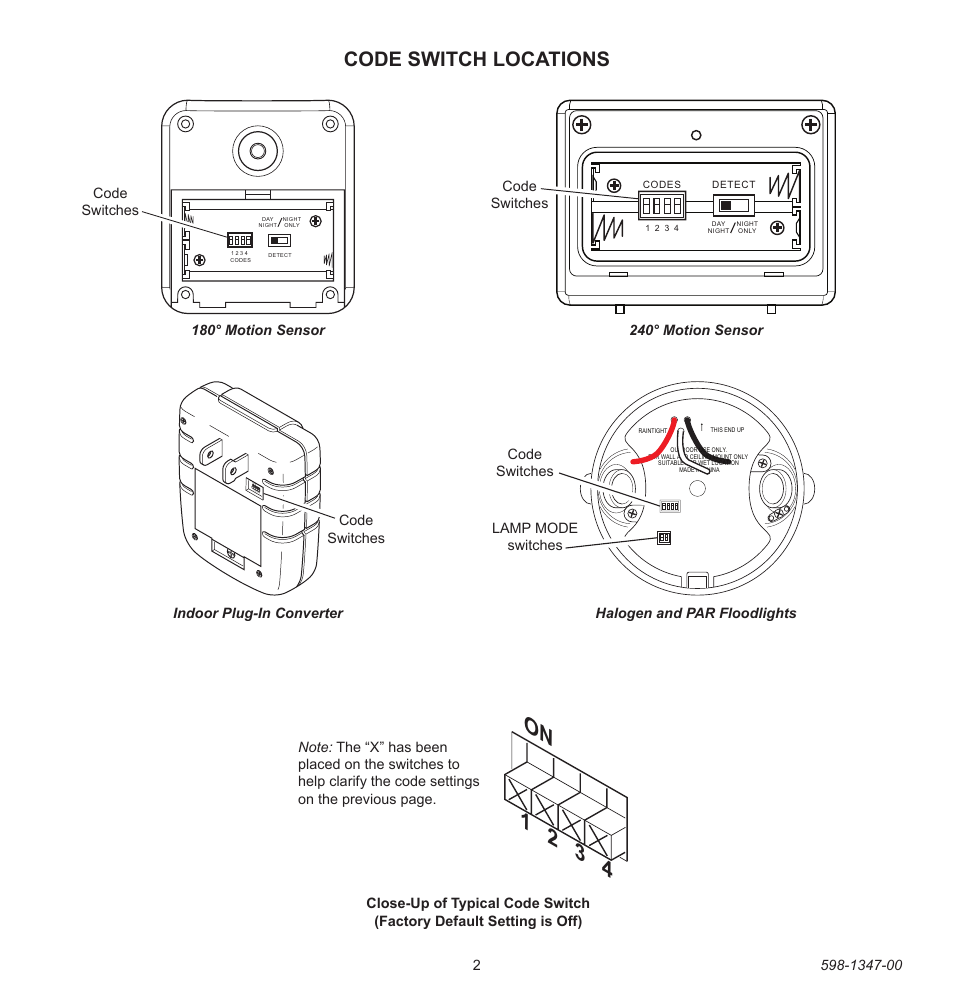 On 1 2 3 4, Code switch locations | Heath Zenith Secure Home 598-1347-00 User Manual | Page 2 / 32