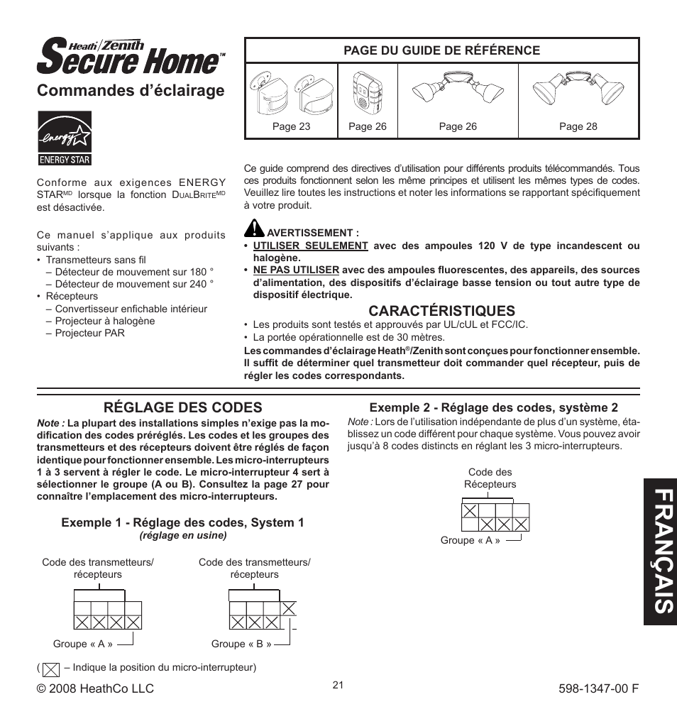 Fra n ça is, Commandes d’éclairage, Réglage des codes | Caractéristiques | Heath Zenith Secure Home 598-1347-00 User Manual | Page 21 / 32