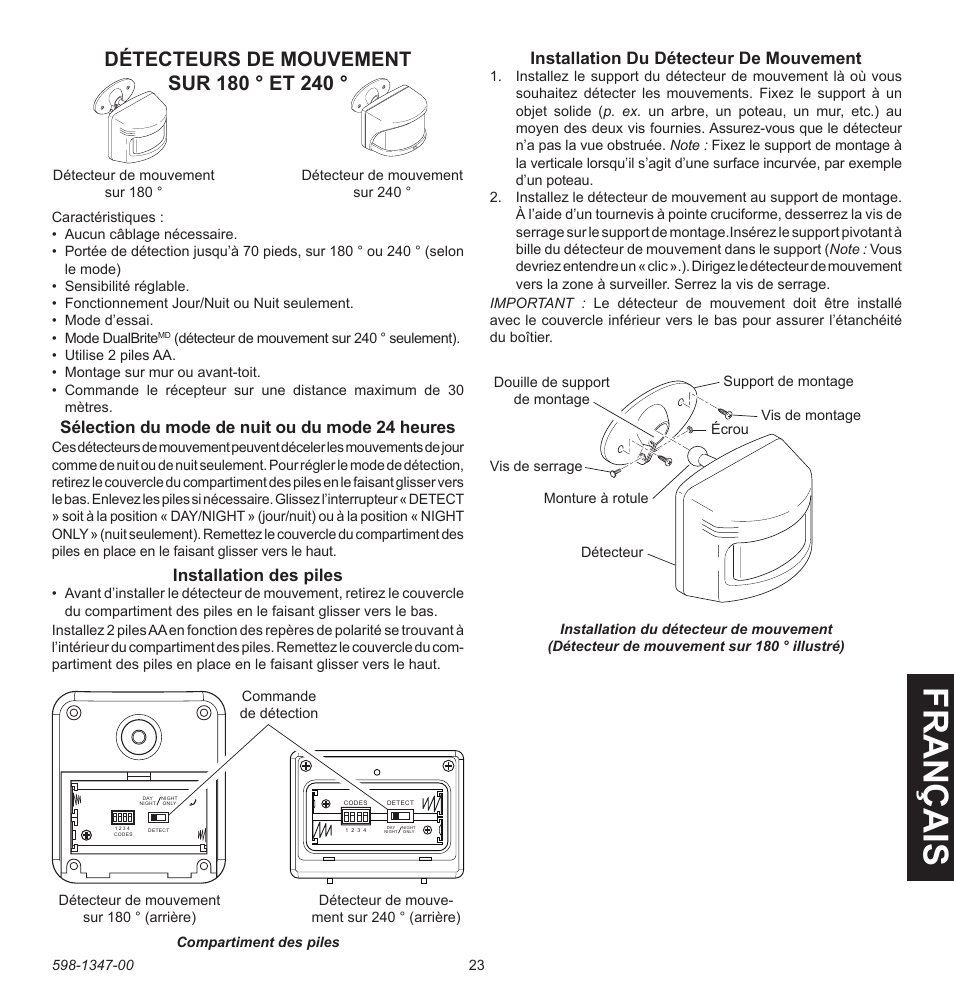 Fra n ça is, Sélection du mode de nuit ou du mode 24 heures, Installation des piles | Installation du détecteur de mouvement | Heath Zenith Secure Home 598-1347-00 User Manual | Page 23 / 32