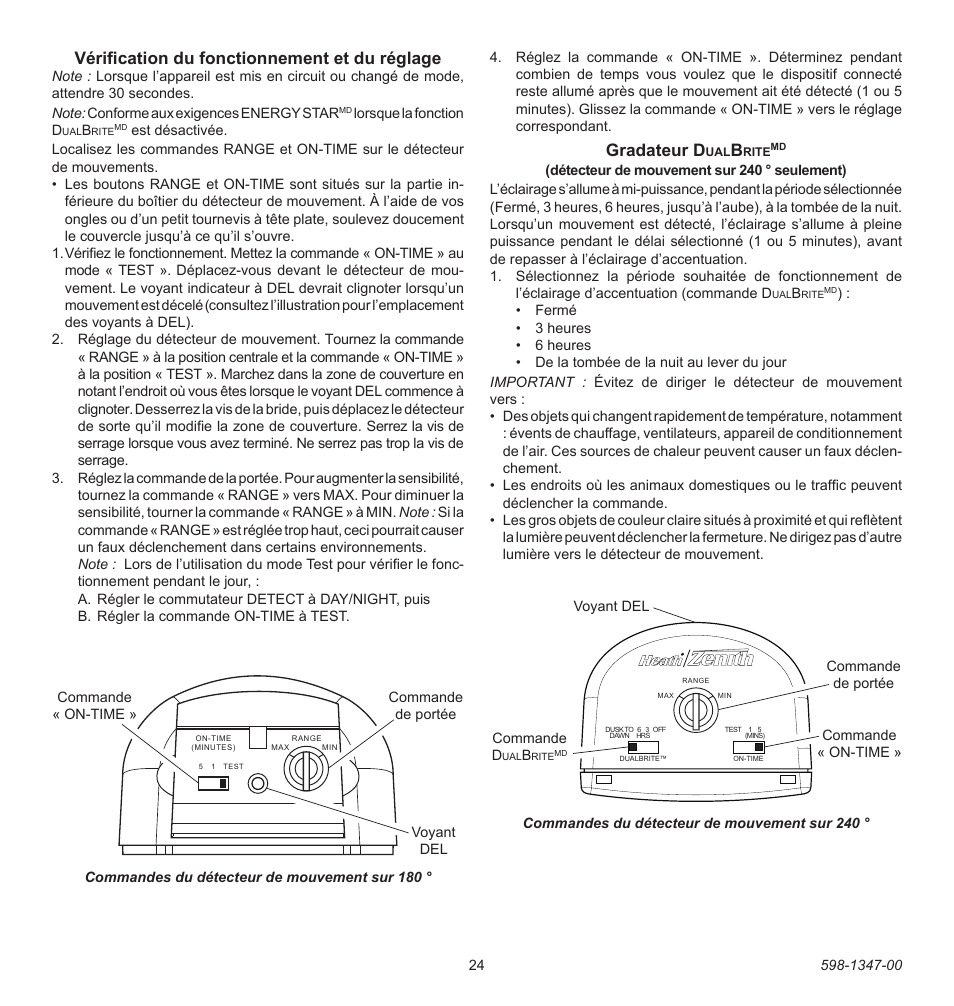 Vérification du fonctionnement et du réglage, Gradateur d | Heath Zenith Secure Home 598-1347-00 User Manual | Page 24 / 32