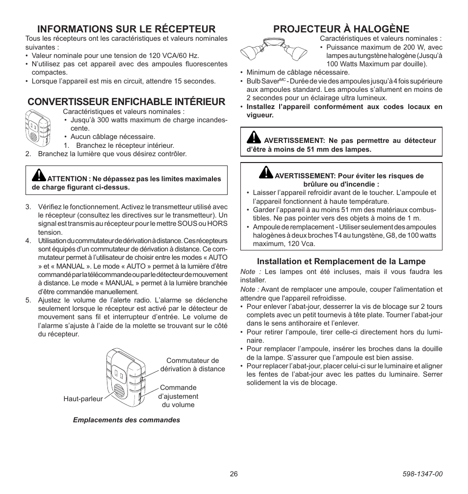 Informations sur le récepteur, Convertisseur enfichable intérieur, Projecteur à halogène | Heath Zenith Secure Home 598-1347-00 User Manual | Page 26 / 32