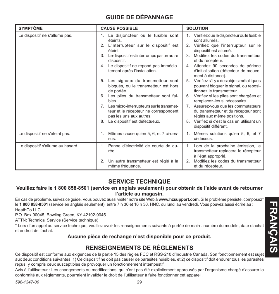 Fra n ça is, Renseignements de règlements, Guide de dépannage service technique | Heath Zenith Secure Home 598-1347-00 User Manual | Page 29 / 32