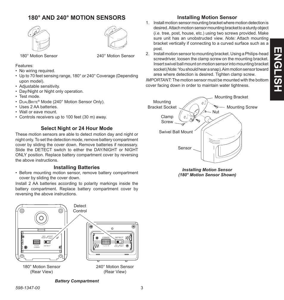 English, Select night or 24 hour mode, Installing batteries | Installing motion sensor | Heath Zenith Secure Home 598-1347-00 User Manual | Page 3 / 32
