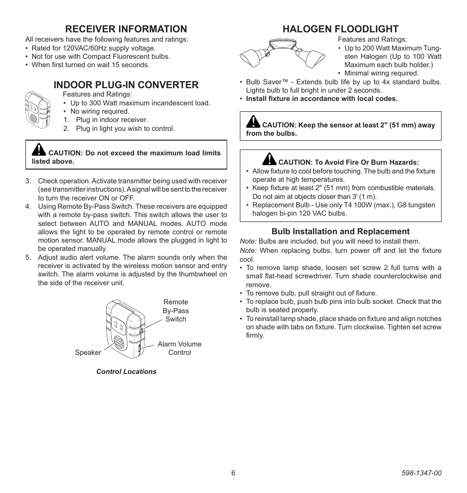 Halogen floodlight, Indoor plug-in converter, Receiver information | Heath Zenith Secure Home 598-1347-00 User Manual | Page 6 / 32