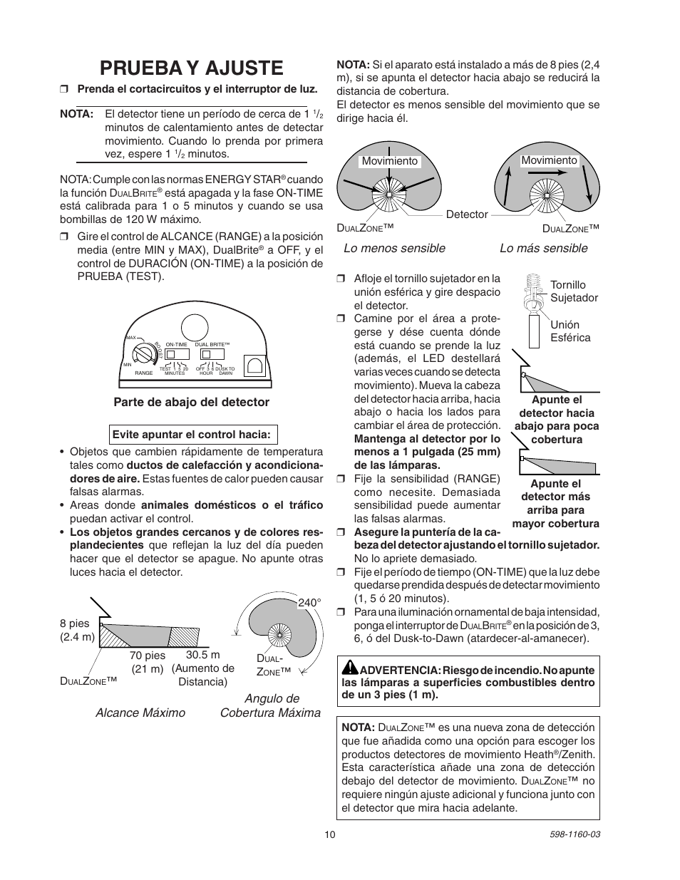 Prueba y ajuste, Angulo de alcance máximo cobertura máxima, Parte de abajo del detector | Lo menos sensible lo más sensible | Heath Zenith SH-5512 User Manual | Page 10 / 20