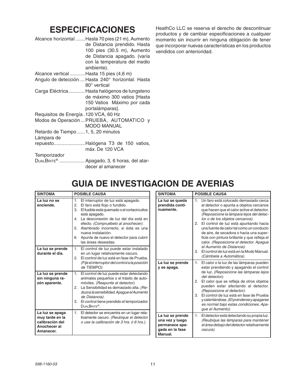 Especificaciones, Guia de investigacion de averias | Heath Zenith SH-5512 User Manual | Page 11 / 20