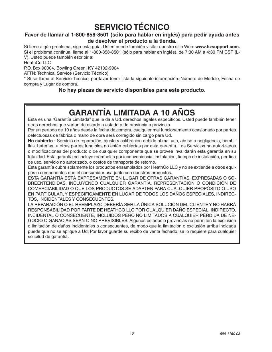 Garantía limitada a 10 años, Servicio técnico | Heath Zenith SH-5512 User Manual | Page 12 / 20