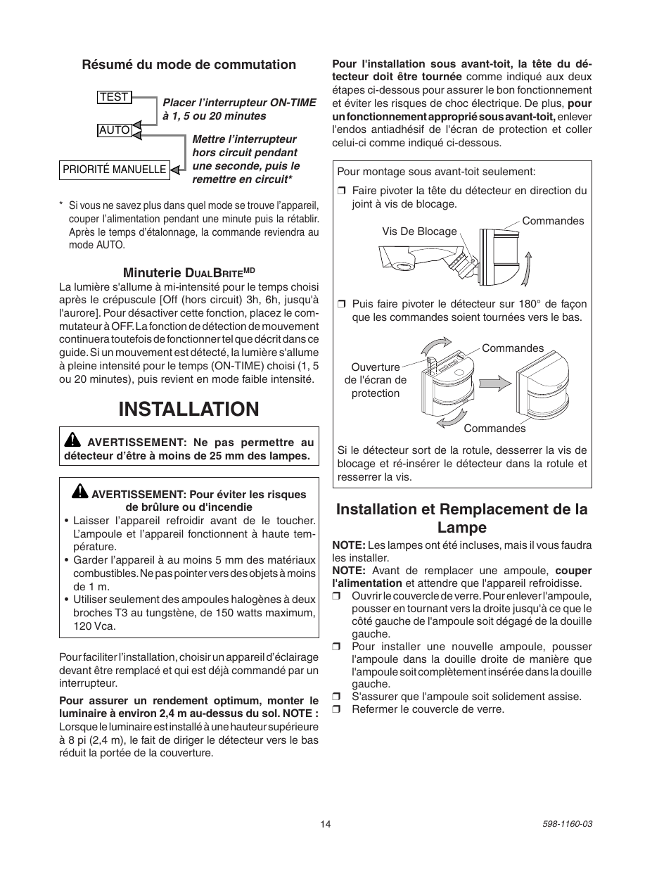 Installation, Installation et remplacement de la lampe | Heath Zenith SH-5512 User Manual | Page 14 / 20