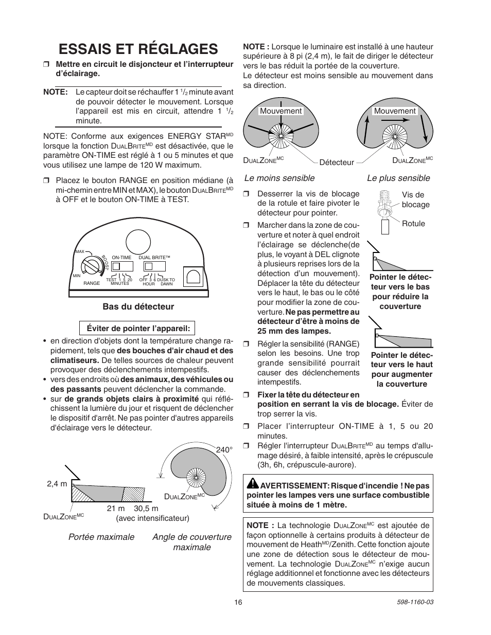 Essais et réglages, Portée maximale angle de couverture maximale, Bas du détecteur | Le moins sensible le plus sensible | Heath Zenith SH-5512 User Manual | Page 16 / 20