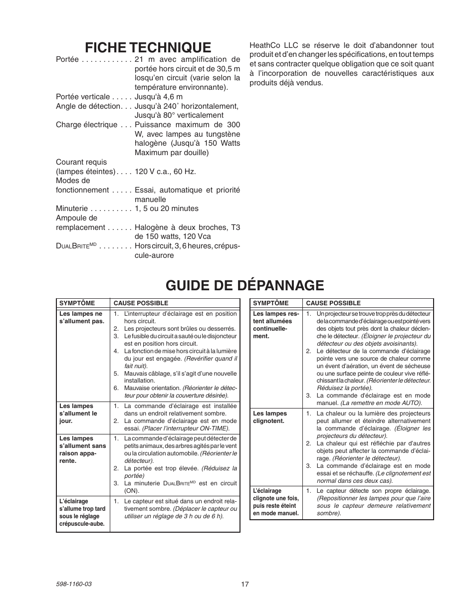 Fiche technique, Guide de dépannage | Heath Zenith SH-5512 User Manual | Page 17 / 20