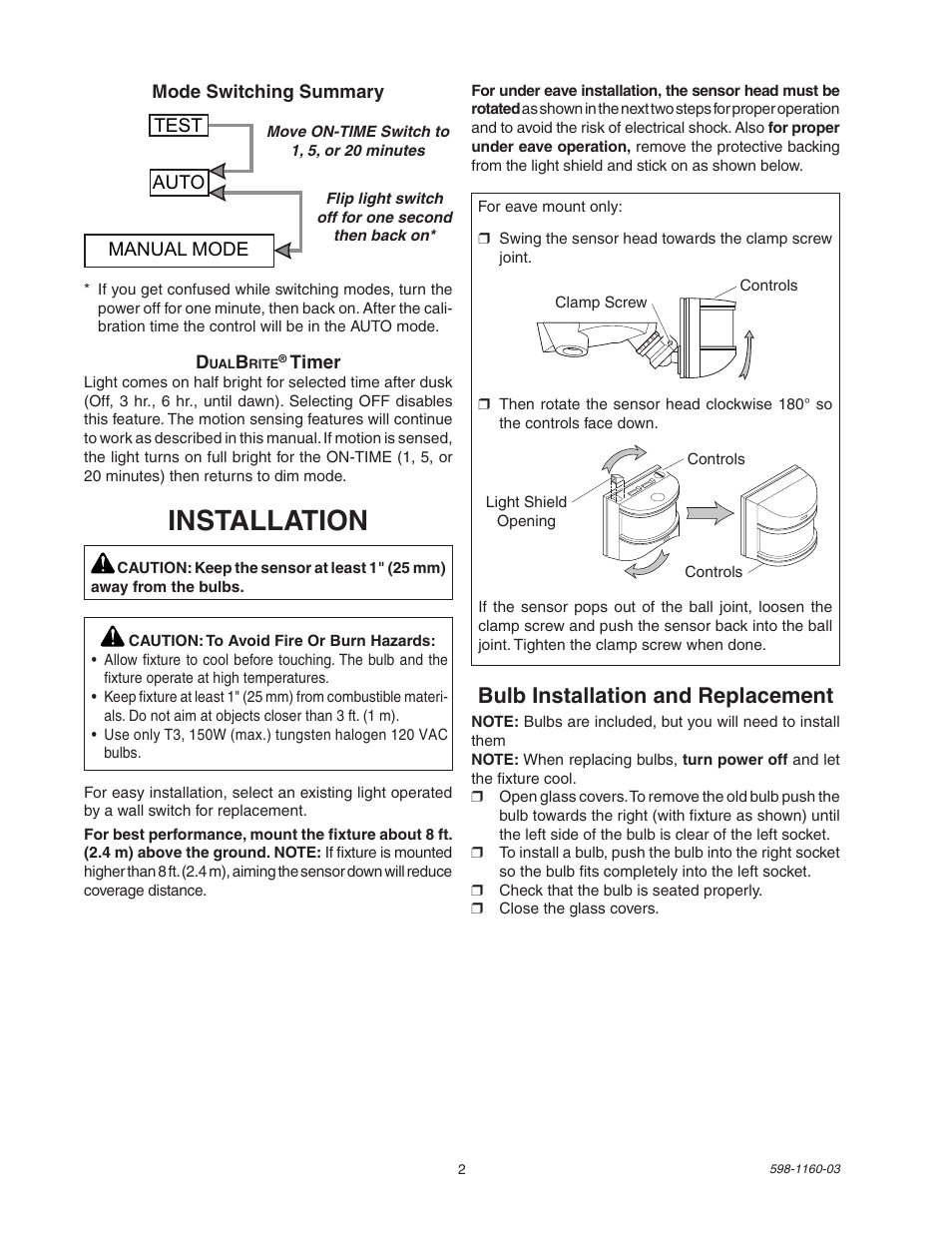 Installation, Bulb installation and replacement, Manual mode auto test | Heath Zenith SH-5512 User Manual | Page 2 / 20