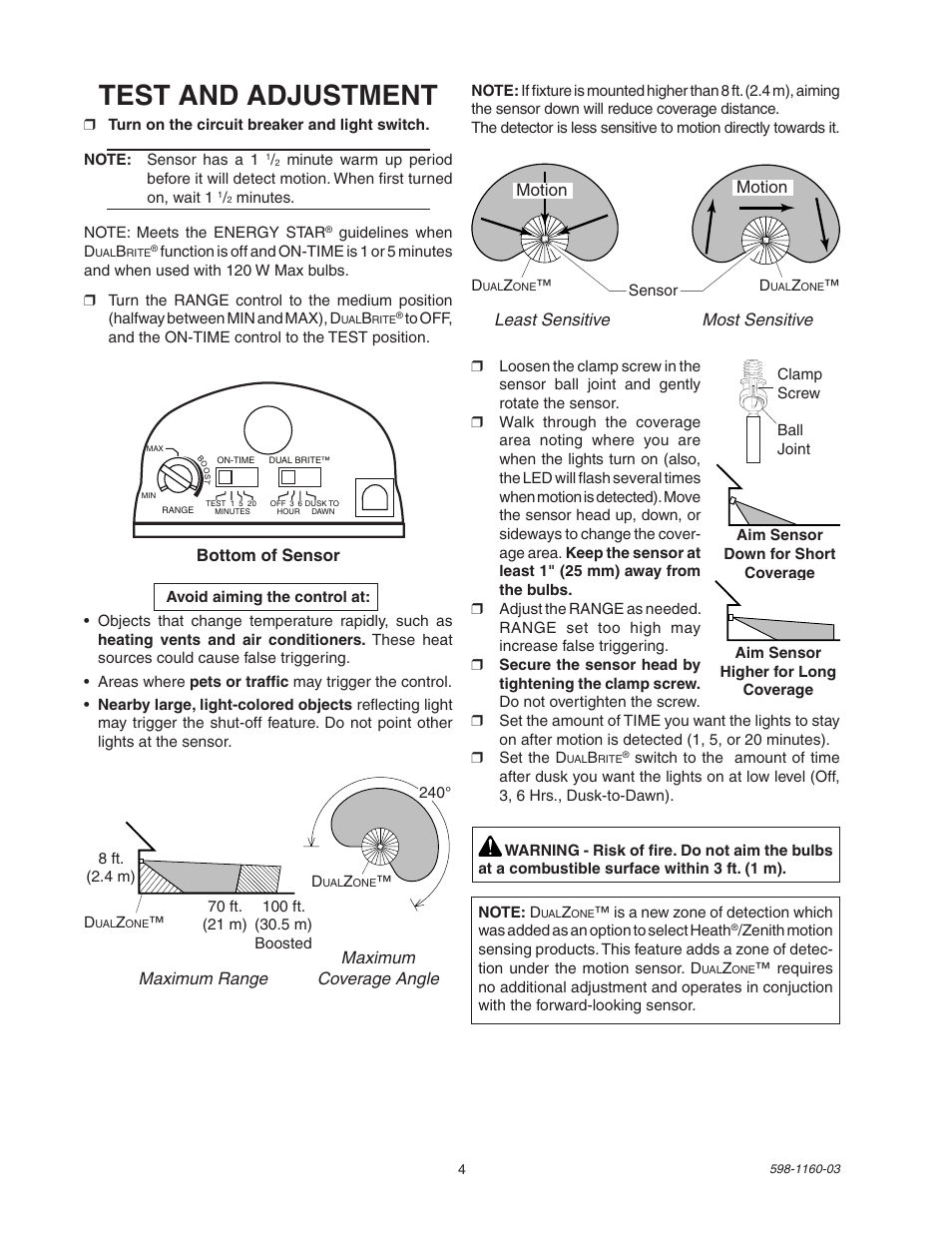 Test and adjustment, Maximum maximum range coverage angle, Motion | Bottom of sensor, Least sensitive most sensitive | Heath Zenith SH-5512 User Manual | Page 4 / 20