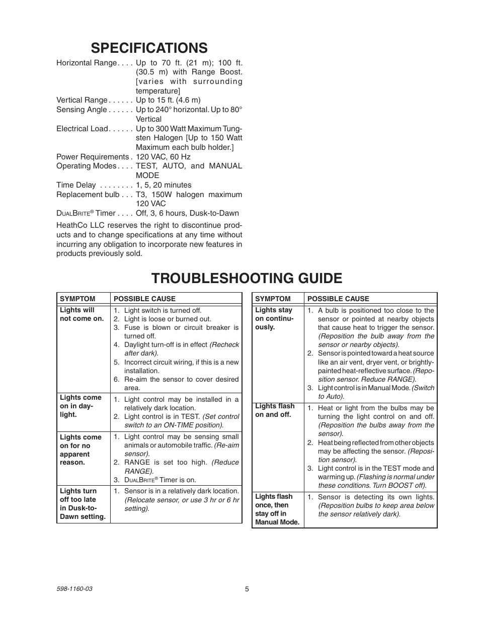 Specifications, Troubleshooting guide | Heath Zenith SH-5512 User Manual | Page 5 / 20