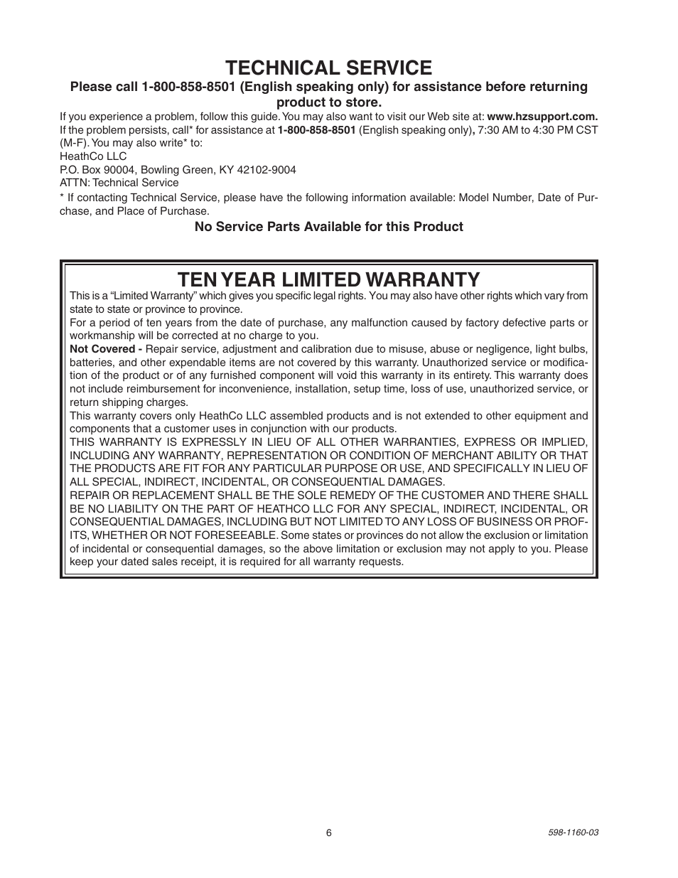 Ten year limited warranty, Technical service | Heath Zenith SH-5512 User Manual | Page 6 / 20