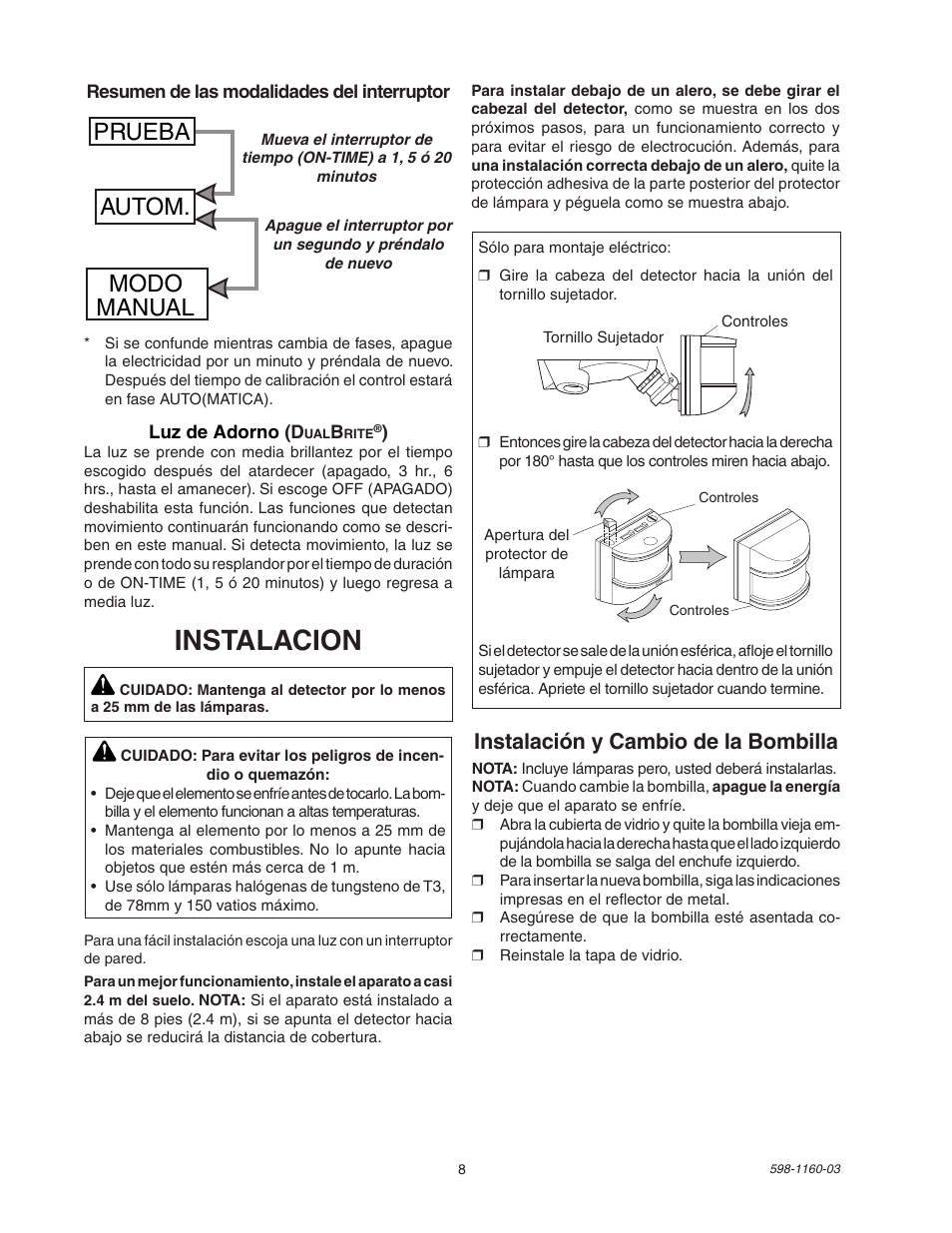 Instalacion, Prueba autom. modo manual, Instalación y cambio de la bombilla | Heath Zenith SH-5512 User Manual | Page 8 / 20