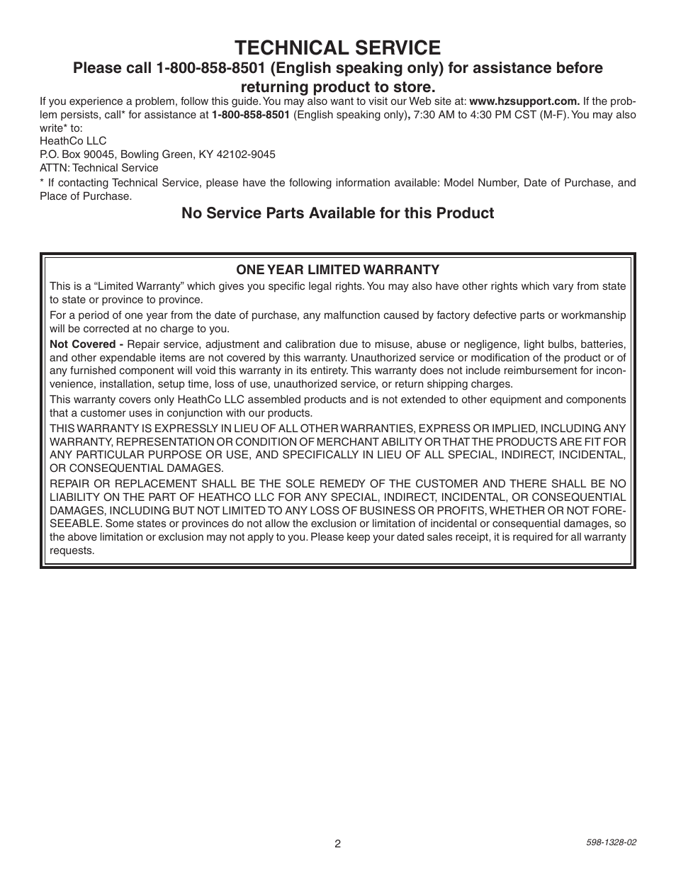Technical service, No service parts available for this product | Heath Zenith SL-9272 User Manual | Page 2 / 8