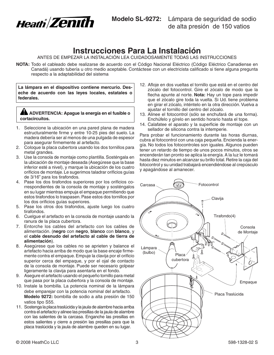 Instrucciones para la instalación | Heath Zenith SL-9272 User Manual | Page 3 / 8