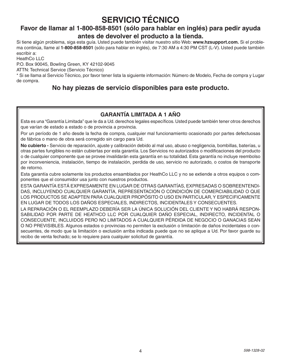 Servicio técnico | Heath Zenith SL-9272 User Manual | Page 4 / 8