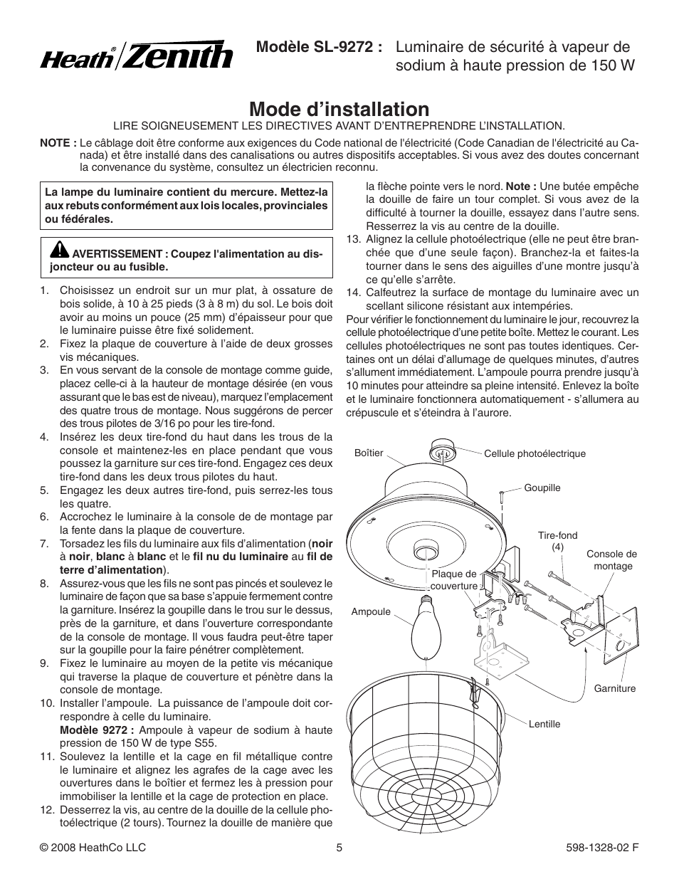 Mode d’installation | Heath Zenith SL-9272 User Manual | Page 5 / 8