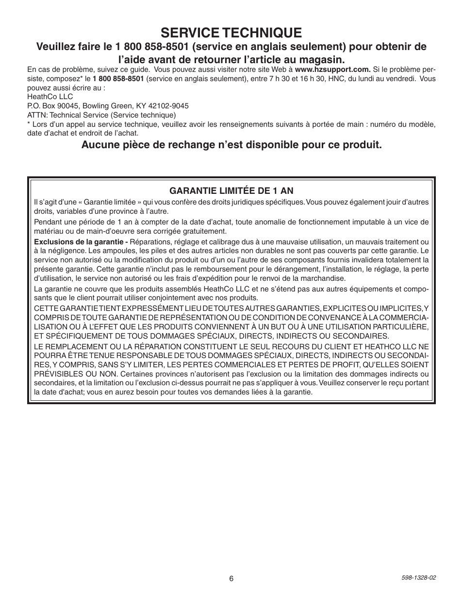 Service technique | Heath Zenith SL-9272 User Manual | Page 6 / 8