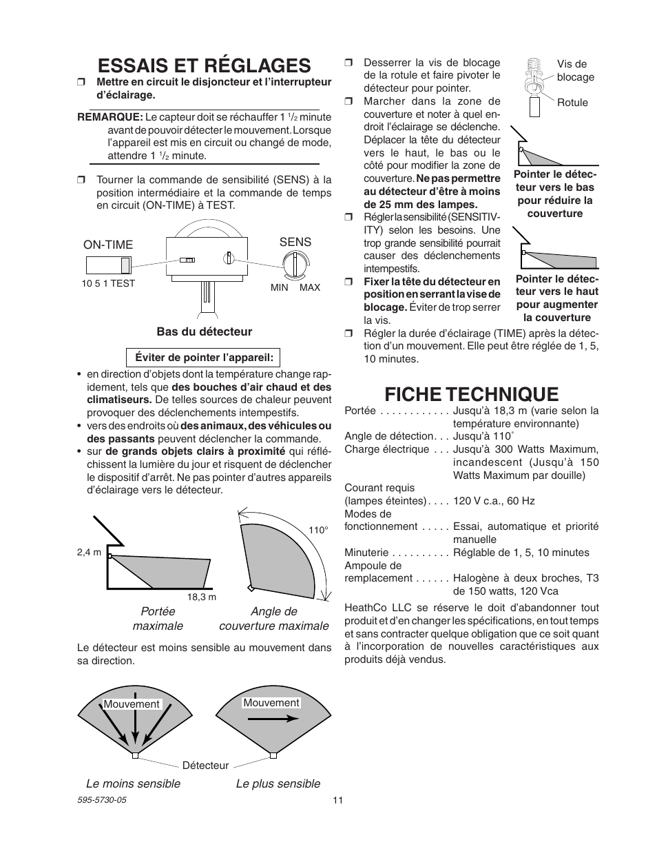 Fiche technique, Essais et réglages | Heath Zenith SL-5514 User Manual | Page 11 / 12