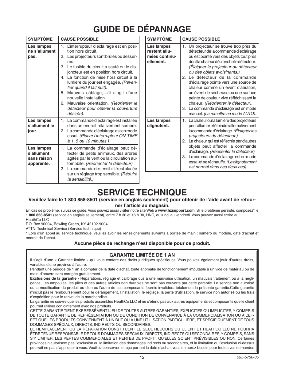 Guide de dépannage, Service technique | Heath Zenith SL-5514 User Manual | Page 12 / 12