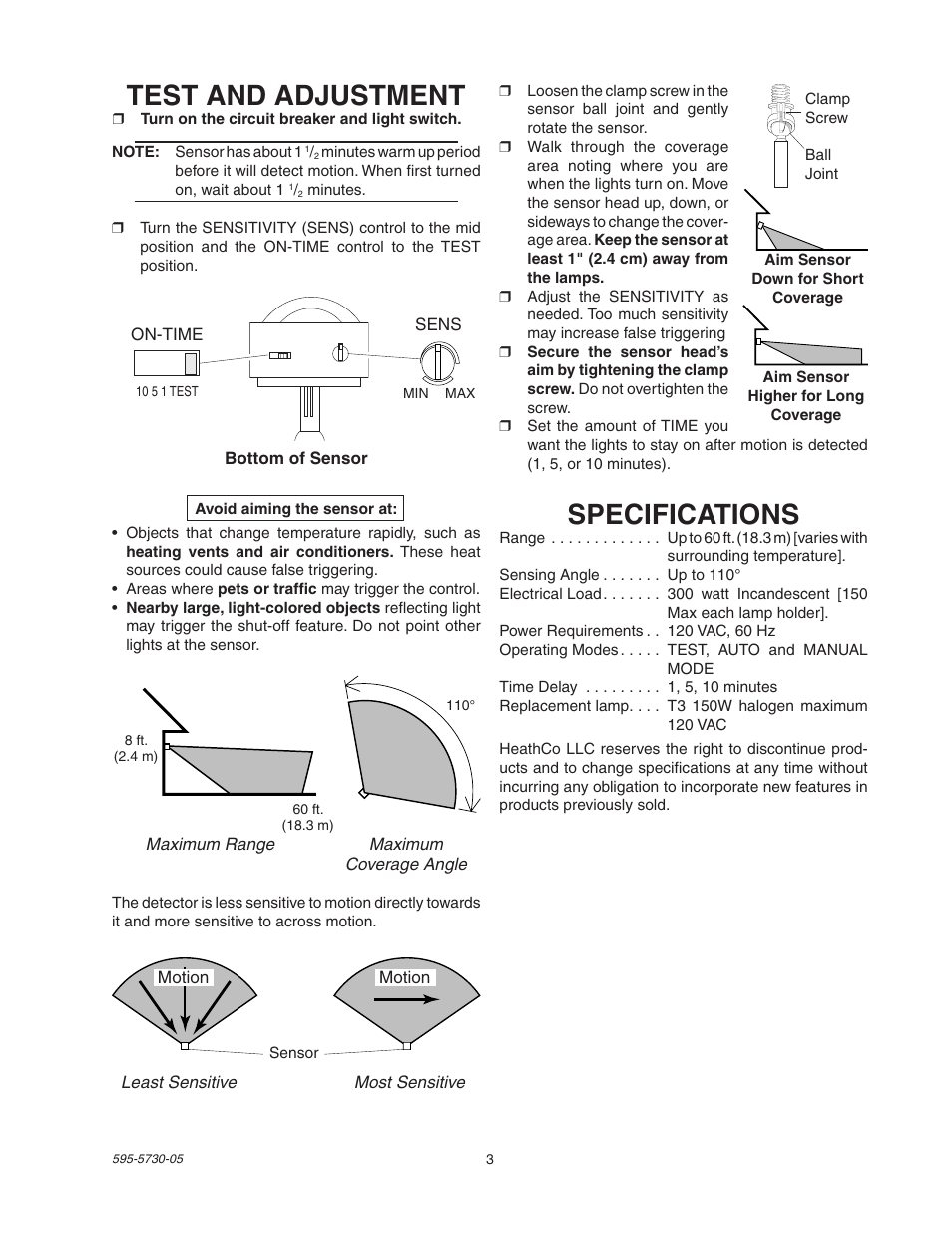 Specifications, Test and adjustment | Heath Zenith SL-5514 User Manual | Page 3 / 12