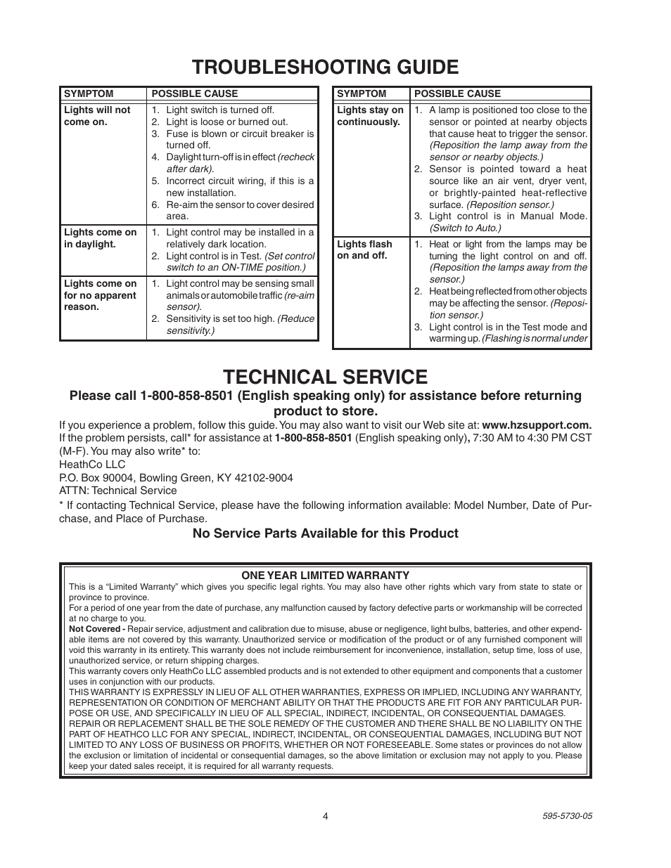 Troubleshooting guide technical service | Heath Zenith SL-5514 User Manual | Page 4 / 12