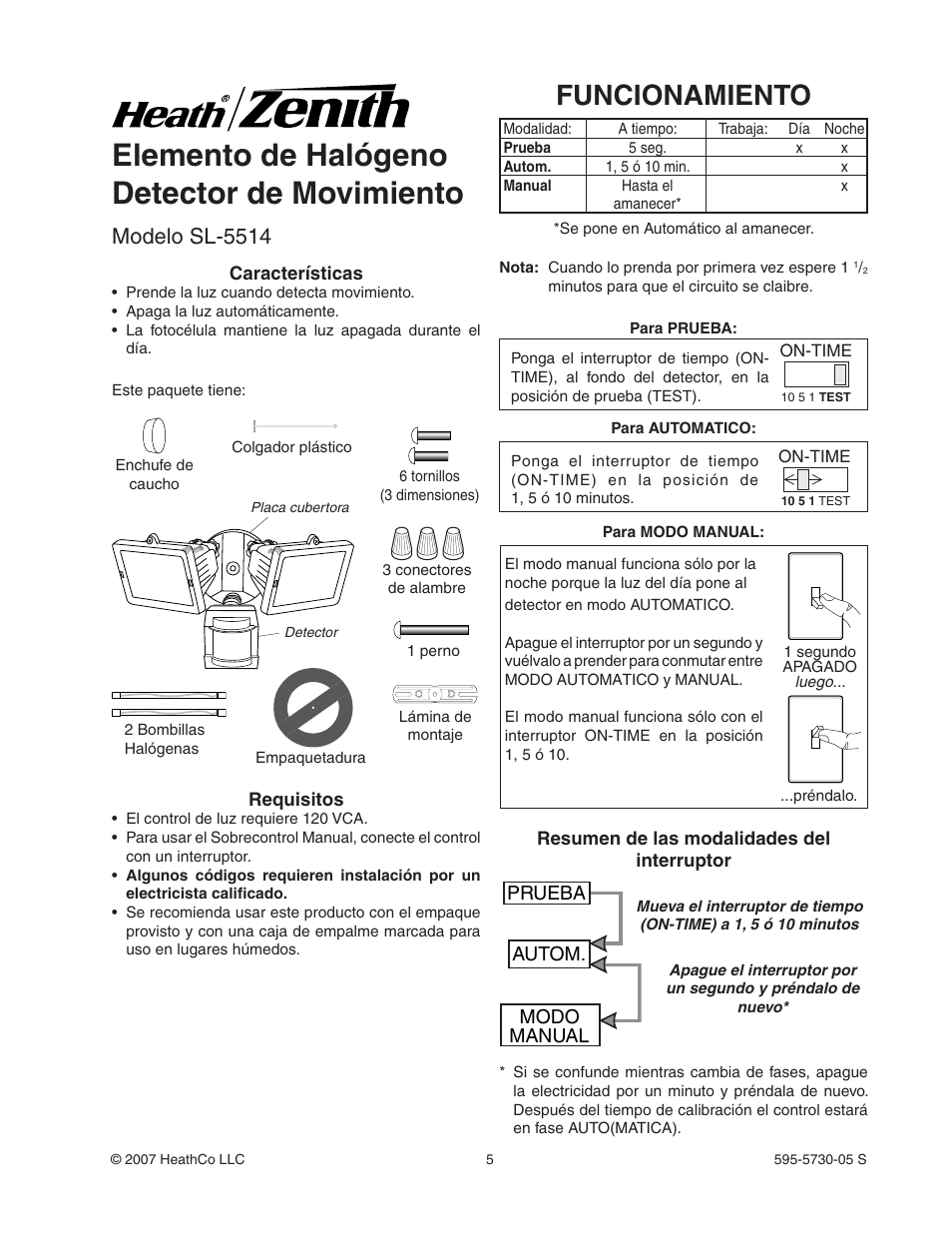 Elemento de halógeno detector de movimiento, Funcionamiento, Modelo sl-5514 | Prueba autom. modo manual | Heath Zenith SL-5514 User Manual | Page 5 / 12