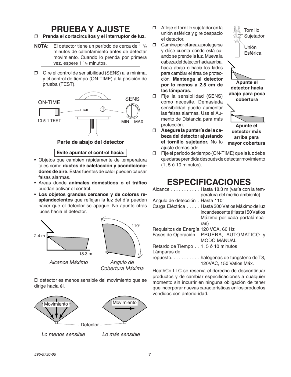 Especificaciones, Prueba y ajuste | Heath Zenith SL-5514 User Manual | Page 7 / 12