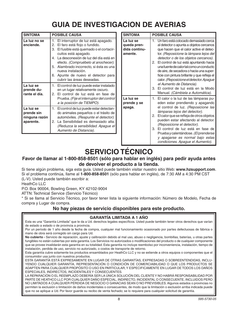 Guia de investigacion de averias servicio técnico | Heath Zenith SL-5514 User Manual | Page 8 / 12