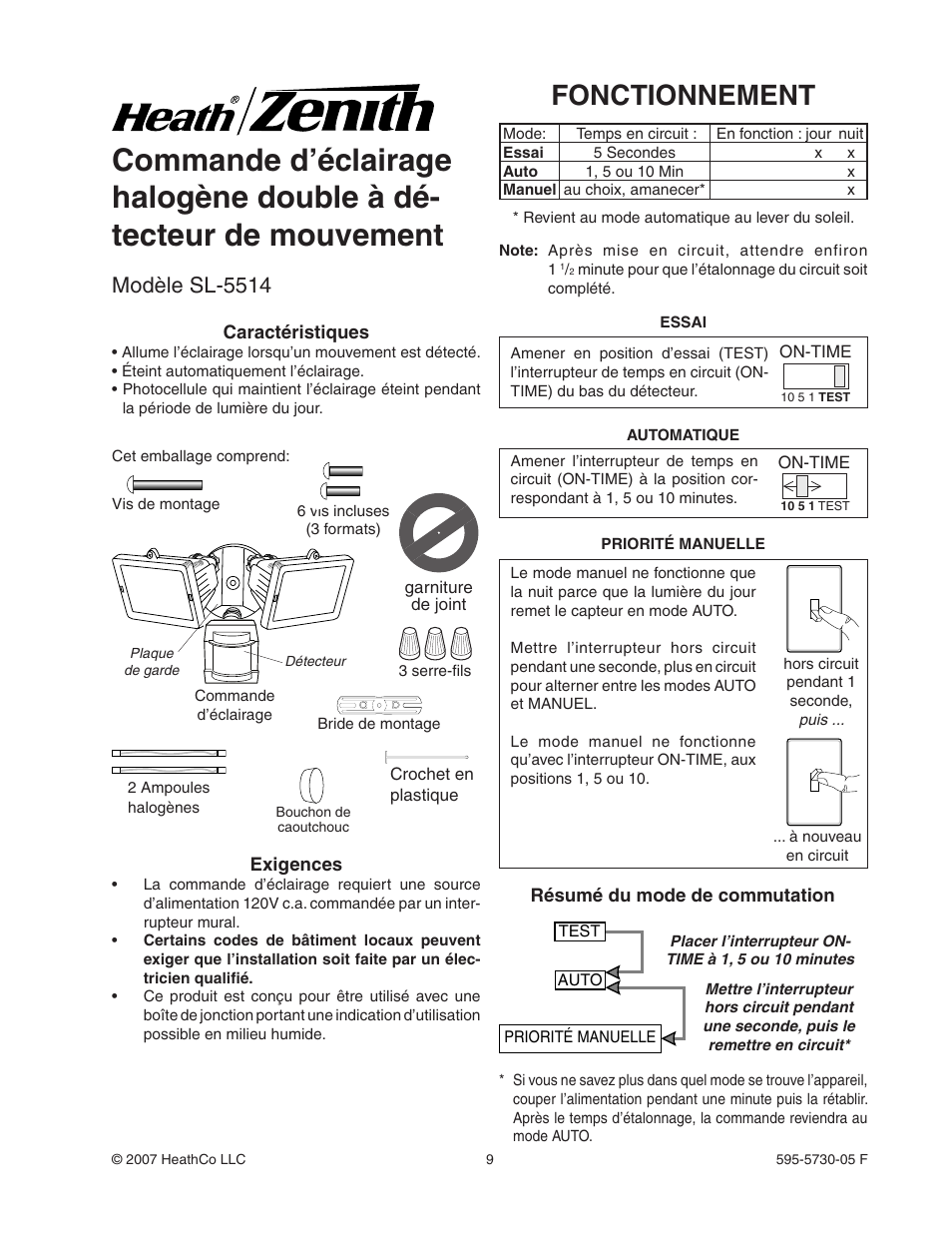 Fonctionnement, Modèle sl-5514 | Heath Zenith SL-5514 User Manual | Page 9 / 12