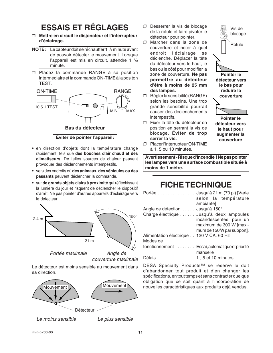 Essais et réglages, Fiche technique | Heath Zenith SL-5411 User Manual | Page 11 / 12