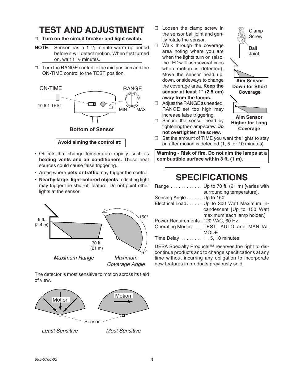 Test and adjustment, Specifications | Heath Zenith SL-5411 User Manual | Page 3 / 12