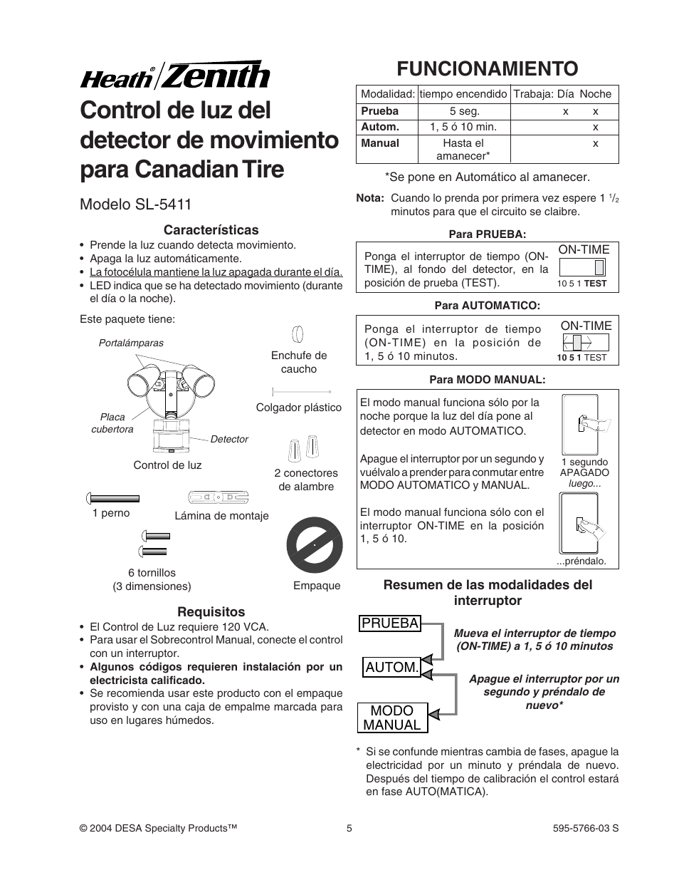 Funcionamiento, Modelo sl-5411, Prueba autom. modo manual | Heath Zenith SL-5411 User Manual | Page 5 / 12