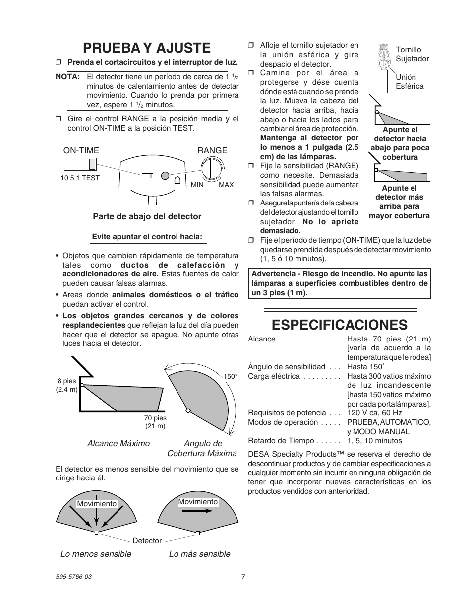 Prueba y ajuste, Especificaciones | Heath Zenith SL-5411 User Manual | Page 7 / 12