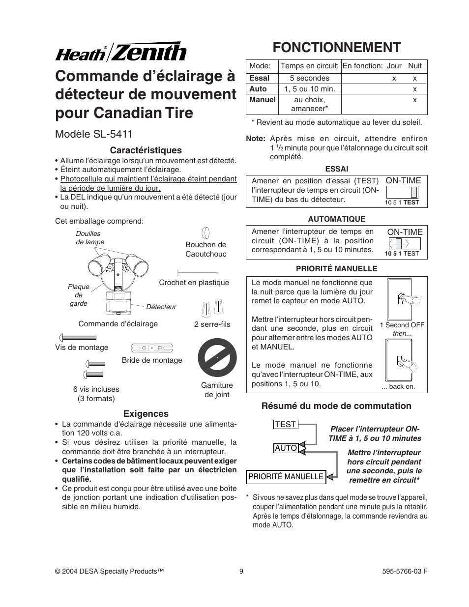 Fonctionnement, Modèle sl-5411 | Heath Zenith SL-5411 User Manual | Page 9 / 12