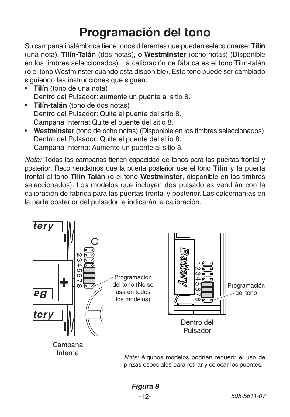 Programación del tono, Ba tte ry battery battery | Heath Zenith Wireless Chime 6153 User Manual | Page 12 / 24